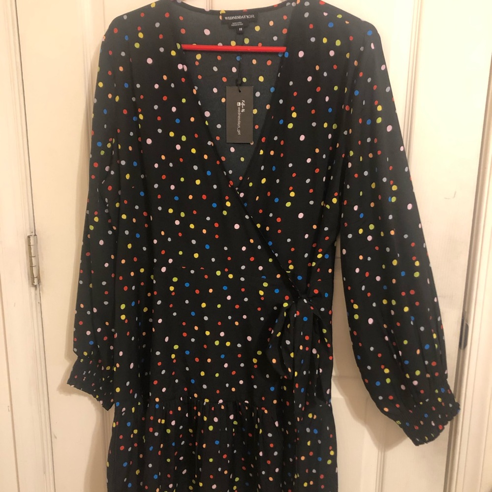 Woman Black Polka Dots  long sleeve casual dress